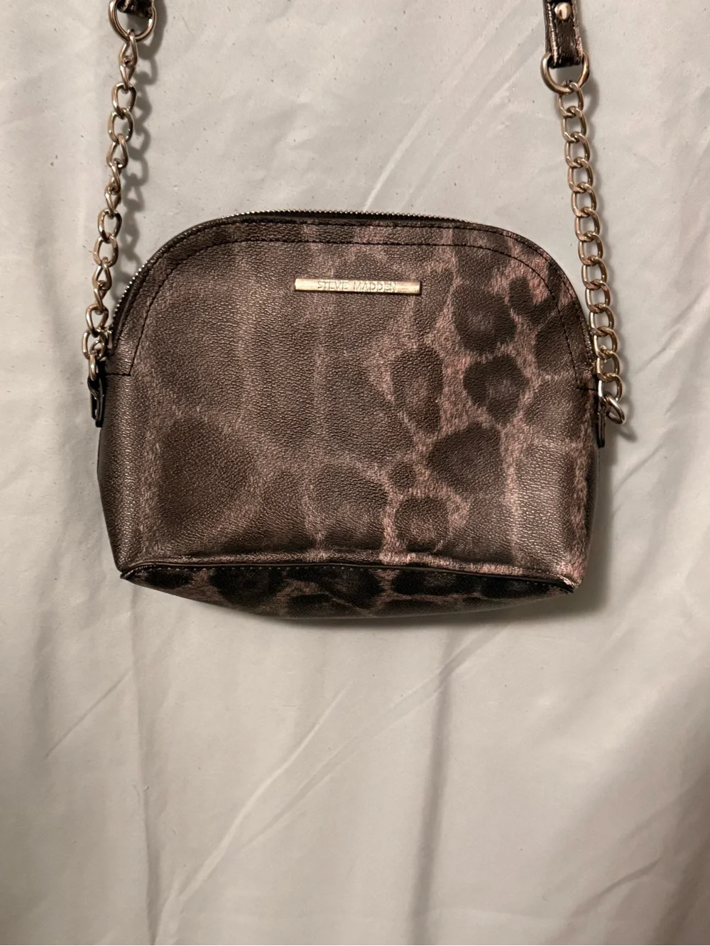 Steve Madden Metallic Leopard Print Dome Crossbody Bag Silver Chain Strap